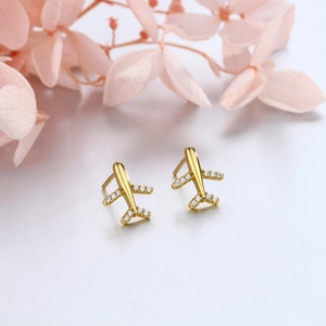 Elegant s925 silver airplane stud earrings with micro-pave cubic zirconia in gold plating