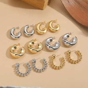Modern Chunky C-Shaped Hoop Earrings For Women Minimalist Brass Twisted Beaded Earring With 925 Sterling Silver Post Jewelry