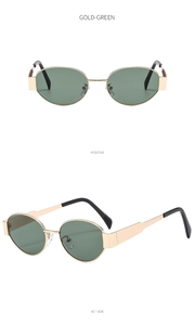Detailansicht der Retro-Oval-Sonnenbrille mit Gold-Metallrahmen und grünen Gläsern