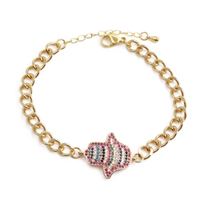 Bracelet main de Hamsa dorée avec cristaux micro-pavés colorés et design de chaîne à maillons