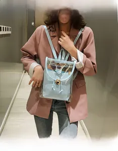 Detail of light blue transparent PVC backpack with inner pouch shown on a model