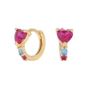Detail of gold-plated hoop earrings with heart-shaped pink stone and cubic zirconia accents