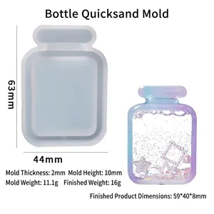Macro shot of perfume bottle resin mold with purple shimmer hourglass sand effect