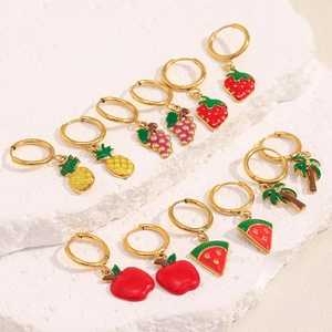Stainless Steel Fruit Pendant Hoop Earrings 18K Gold Plated Enamel Strawberry Pineapple Watermelon Summer For Women