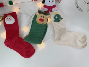 Three-pack festive Christmas cotton socks with 3D Santa, reindeer, and tree ornaments
