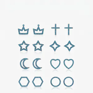 Geometric Stud Earrings 925 Sterling Silver Turquoise Hollow Micro Pave Star Moon Cross For Women Delicate Jewelry