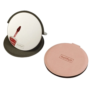 Portable round folding makeup mirror set with pink leather cover and stainless steel glass