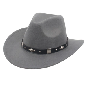 Grey felt western cowboy hat with wide brim and decorative metal studded leather band