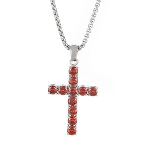 Silver tennis chain necklace with a cross pendant set with 11 round red gemstones