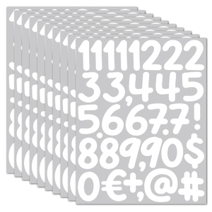 Close-up of 10 sheets of waterproof vinyl number and symbol stickers in white and grey