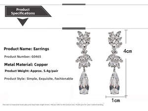 Detailed view of teardrop zircon earrings showing 4cm height and copper material texture