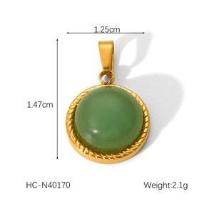 Detailed view of green natural stone pendant with gold titanium steel frame and size specs