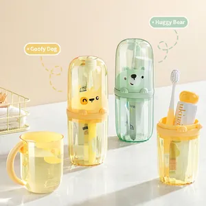 Portable travel toothbrush storage case set with cute bear and dog cartoon designs