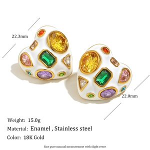 Boucles d'oreilles cœur en acier inoxydable doré 18K avec émail blanc et zircons colorés