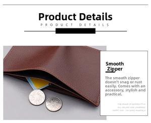 Detailed close-up of brown litchi pattern leather wallet with smooth metal zipper pocket