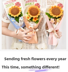 Handcrafted crochet sunflower bouquet held by person with colorful paper wrapping