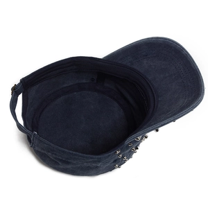 Vintage washed charcoal military cap with punk rivet studs and adjustable metal buckle