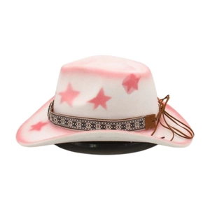 Close-up of western wool hat with pink star patterns and woven geometric band detail