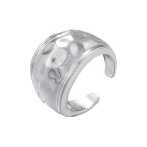 Close-up of silver adjustable open ring featuring unique handmade hammered metal texture