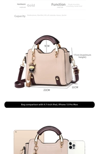 Detailed view of beige handbag with size guide and capacity for iPad mini and phone