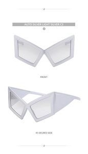 Front and 45-degree side view of creative irregular oversized silver sunglasses