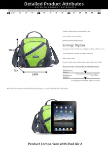 Waterproof nylon hiking bag size guide with iPad Air 2 comparison and dimensions