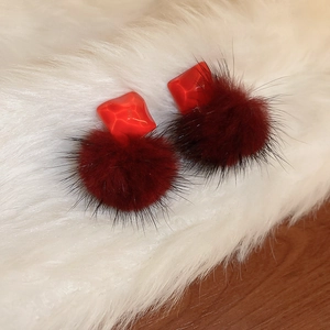 Chic red geometric studs with wine red plush faux fur pom-poms for winter style