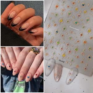 3D golden starburst nail stickers with colorful heart-shaped gemstones for DIY manicure
