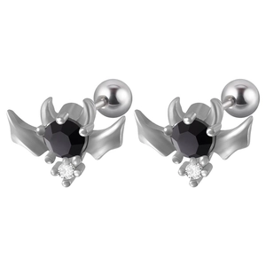 Gothic style bat wing stud earrings with black faceted stone and silver screw back base