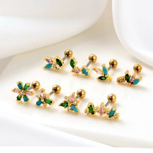 Set of 8 gold stainless steel cartilage studs with colorful zircon stones in various shapes