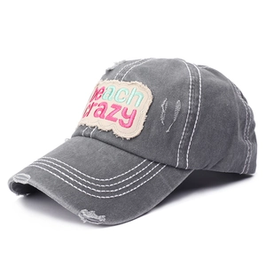 Vintage gray washed cotton baseball cap with colorful beach crazy embroidery patch