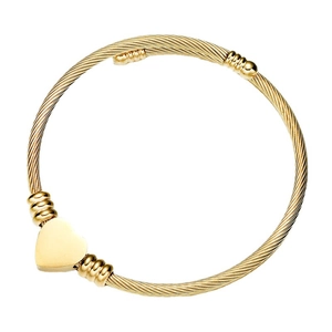 Elegant gold twisted cable stainless steel open bangle with smooth heart charm pendant