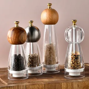 Manual Pepper Grinder Salt Mill Acrylic Stainless Steel Acacia Beech Wood Ceramic Core Round Head Kitchen Tool