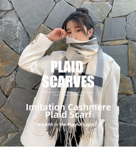 Close-up of winter gray plaid cashmere-like scarf with fringe on tweed coat
