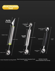 Detail of dual-head stainless steel fruit baller and carving knife with size measurements