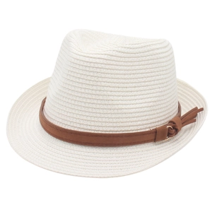White straw trilby fedora hat for men and women featuring a brown faux leather belt