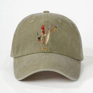 Olive green washed cotton baseball cap with cartoon rooster embroidery on the front