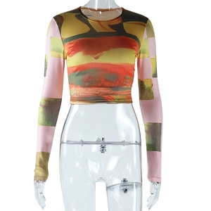 Dettaglio della stampa paesaggistica astratta colorata sul crop top a maniche lunghe
