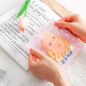 Cute pink stand-up food pouch with bear cartoon pattern and transparent frosted window