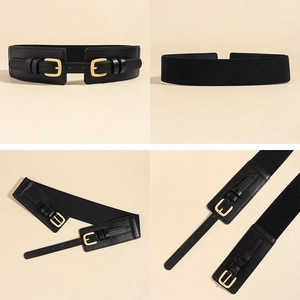 Detail views showing black elastic wide waist belt with gold double buckle design