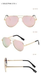 Three angles of pilot sunglasses with gold metal frames and pink polarized lenses