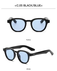 Retro round sunglasses with thick black frames, blue lenses, and side stud details