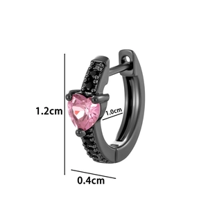 Fashion heart zircon hoop earrings with pink crystal and black stones, 1.2cm size