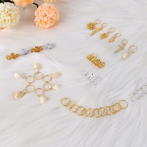 200pcs dreadlock hair accessories set with gold leaf pendants and silver metal cuffs