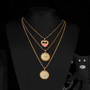 Three-layer gold stainless steel necklace with heart and tree of life pendants