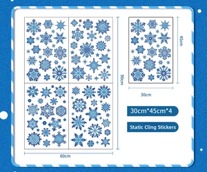 Detail showing gradient blue snowflake static cling window stickers and dimensions