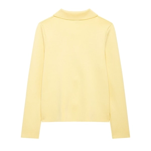 Rear view flat lay of light yellow knit long sleeve polo shirt with turn-down collar