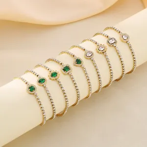 Vintage Emerald Green Tennis Bracelet Stainless Steel Rhinestone Adjustable Chain Elegant Jewelry For Women