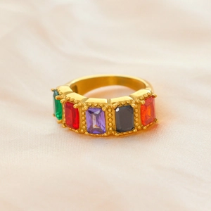 Vintage style gold stainless steel ring with multi-color rectangular zircon stones