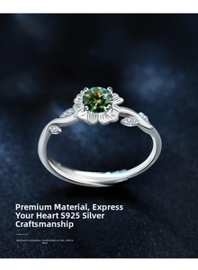 Detailed view of S925 silver sunflower ring with emerald green moissanite and vine band